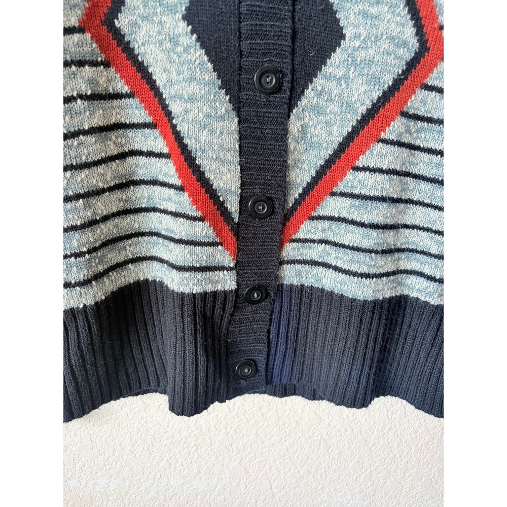 Vintage Full Fashioned Diamond Stripe M Cardigan Sweater Navy Blue Red Womens - Picture 6 of 7